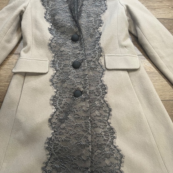 Badgley Mischa Wool Dress Coat Mixed Media Lace Leather Accents Sz S Taupe/Black - Picture 7 of 16